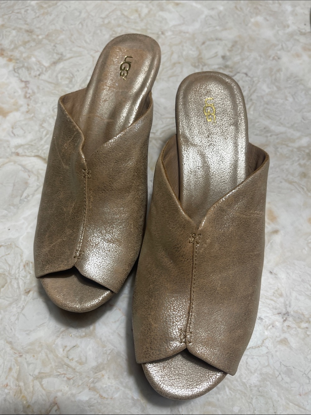 UGG Women's Wedge Cork Slide Sandals Gold Leather Size 9